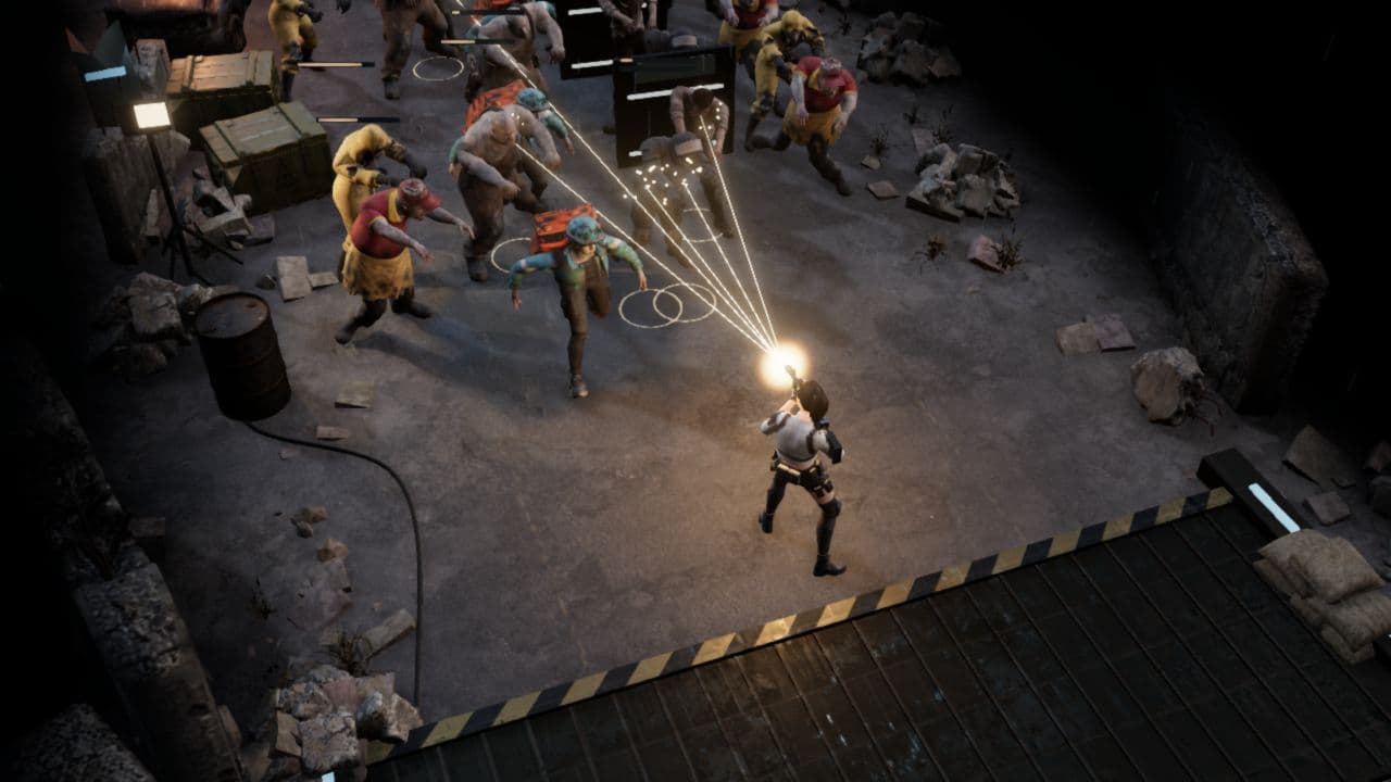 El build de desarrollo para navegador de Zombie Defence muestra una ráfaga de disparos divididos contra un grupo cercano de zombis.