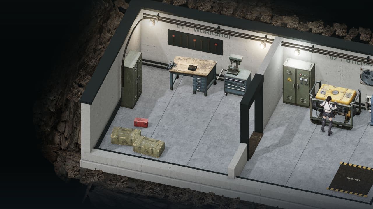 Werkstatt und Versorgungsräume von Zombie Defence; Mara steht neben dem Generator.
