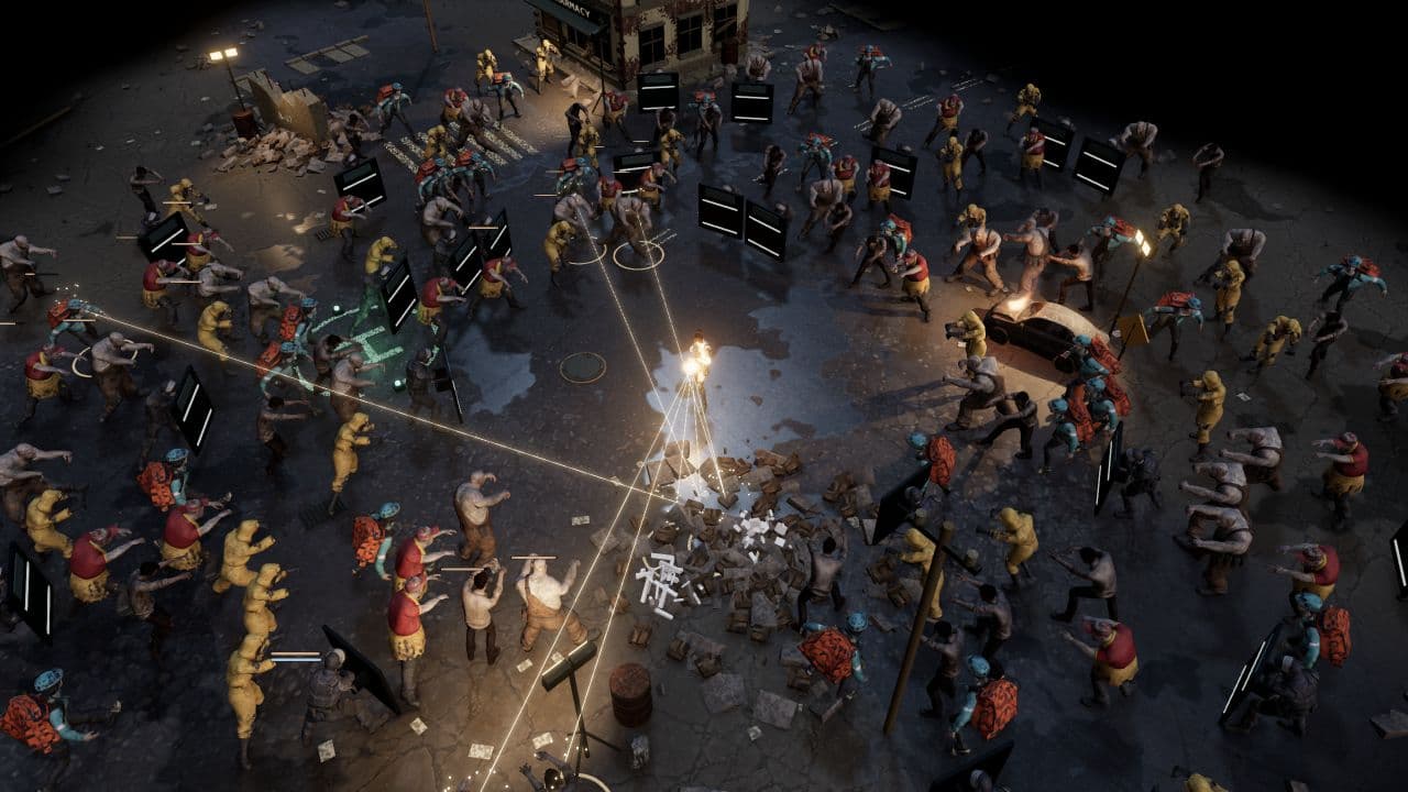 Gewehrsalven von Zombie Defence ziehen durch einen von Zombies umzingelten Extraktionshof.