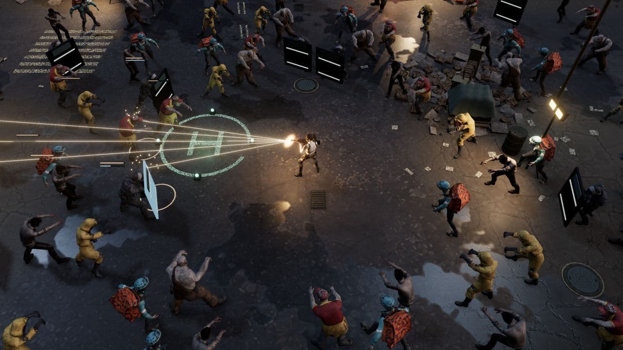 Zombie Defence survivor fires past a green extraction pad while zombies approach from several directions.