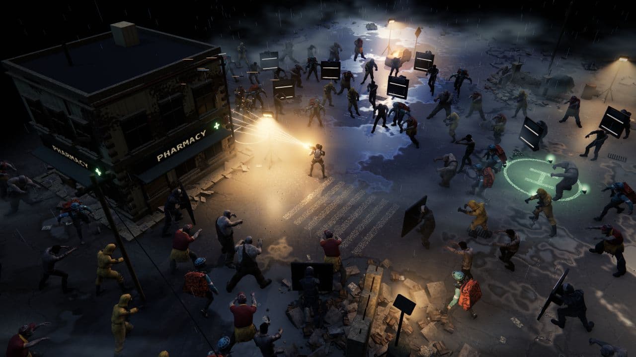 Zombie Defence — Eine inszenierte HD-Extraktionsszene aus der Alpha: Die Projektile des Split-Shot-Gewehrs teilen sich über dem Hof, während Zombies näher kommen.