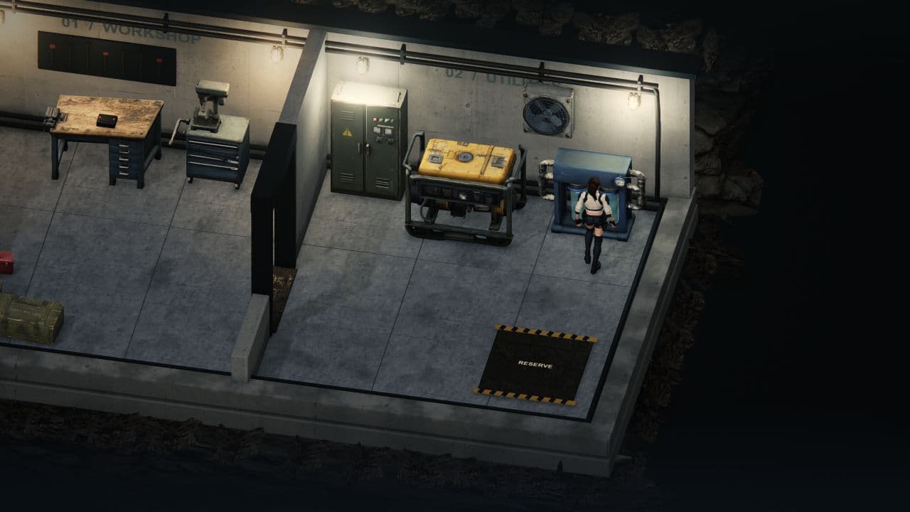 Zombie Defence – Mara neben dem Wasserreiniger und Generator im Alpha-Shelter, aufgenommen bei ausgeblendeter Benutzeroberfläche.