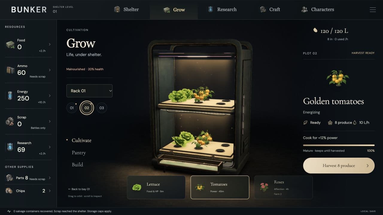 Zombie Defence — Goldene Tomaten sind im Alpha-Anbauregal erntereif; gekocht verleihen sie einen Kampfbonus.