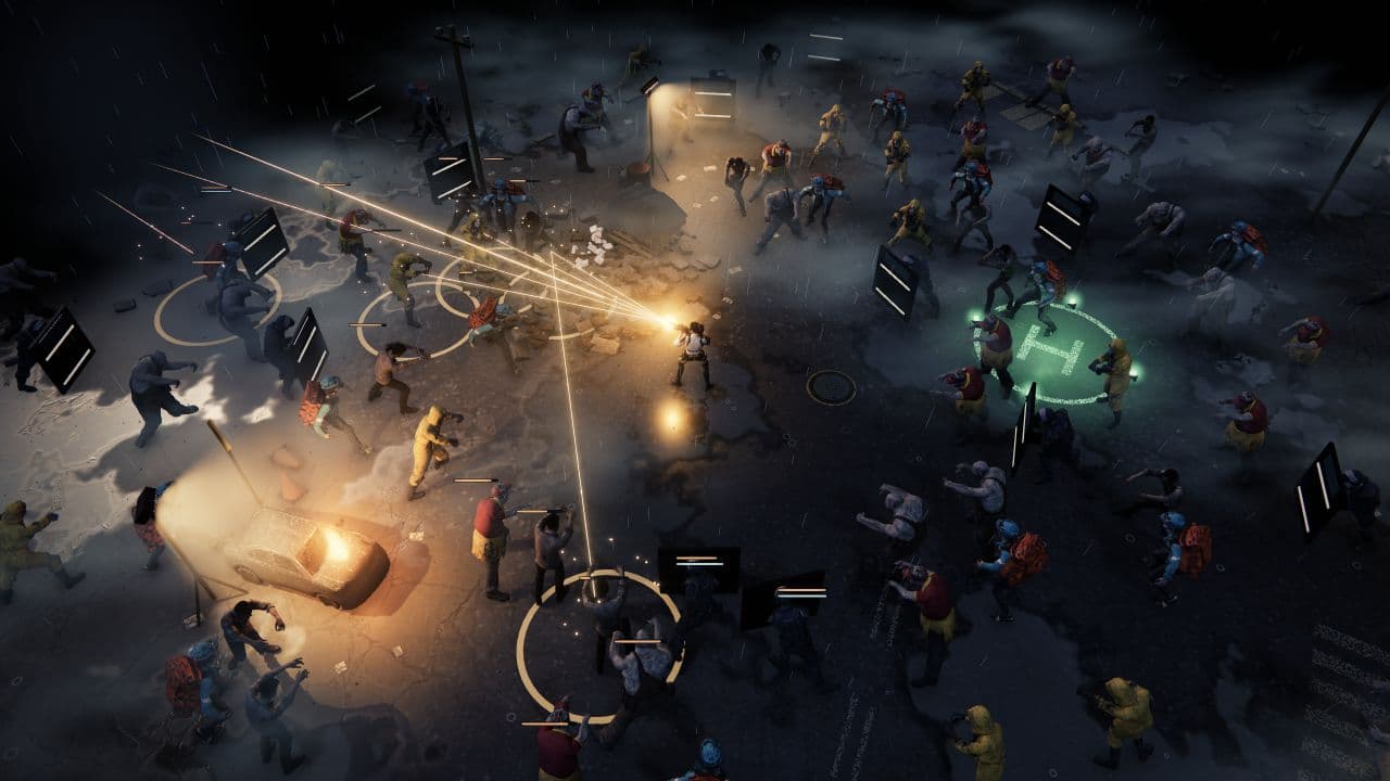 Zombie Defence — Disparos de rifle se espalham pelo pátio de extração lotado, ao lado da área de fuga, em uma cena Alpha HD encenada.