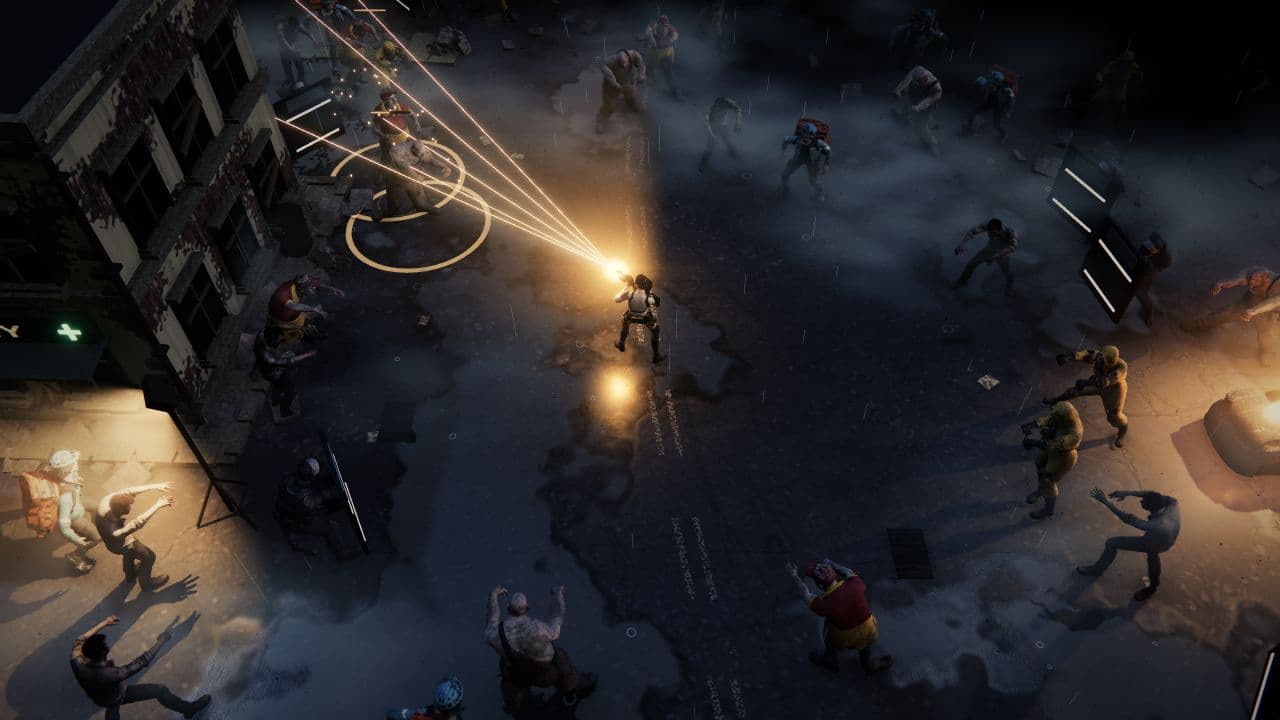 A survivor fires branching rifle shots into approaching zombies on a rain-darkened street in Zombie Defence.