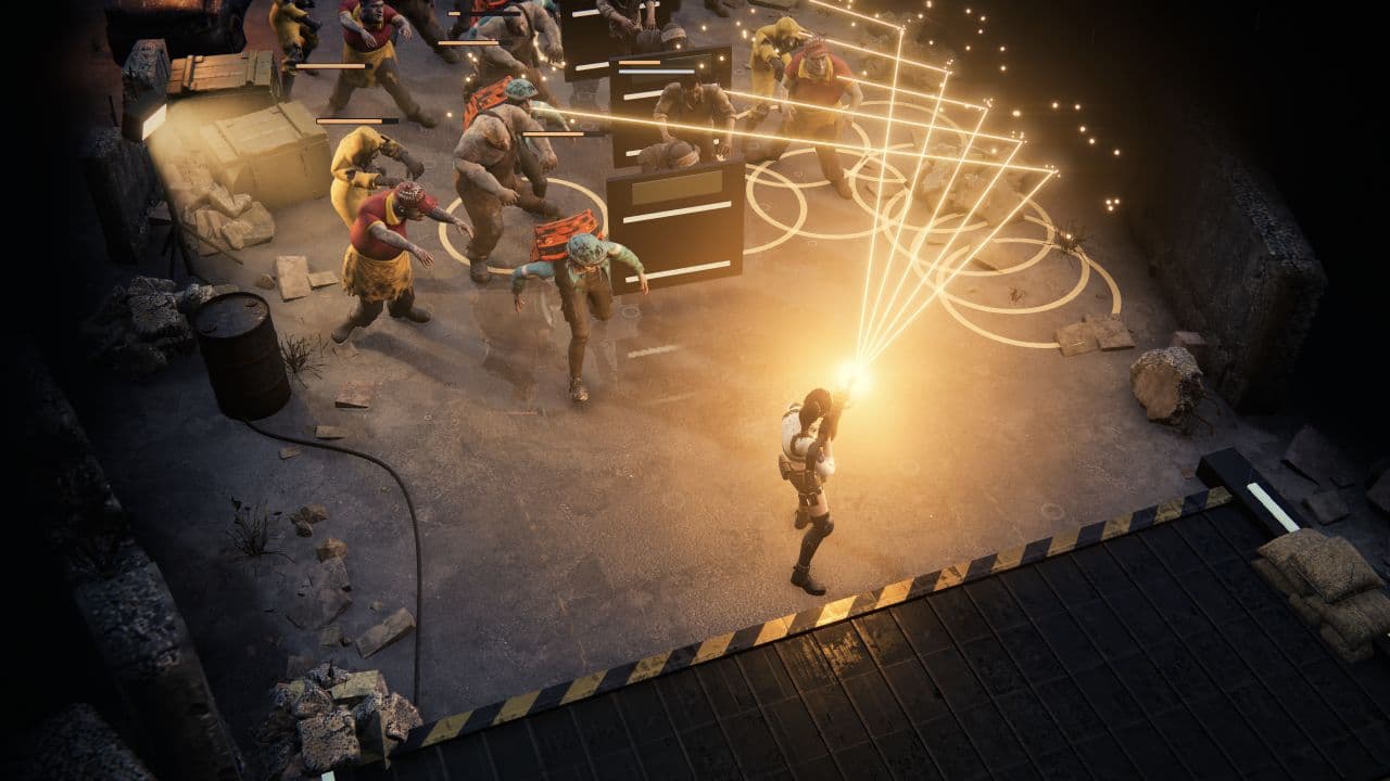 Zombie Defence: inszenierte Alpha-Testaufnahme eines HD-Angriffs mit Split-Shot-Feuer und Abprallern gegen die vorrückende Horde.