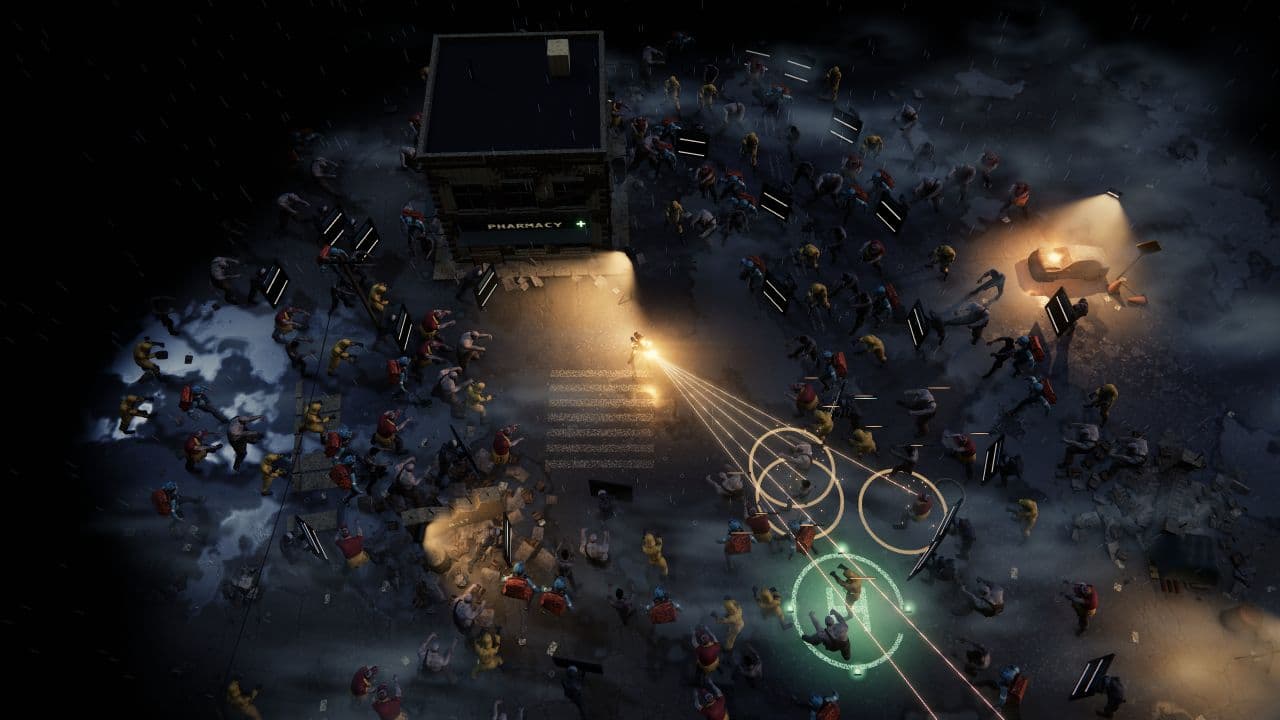 Zombie Defence — Una vista cenital HD preparada para la Alpha muestra enemigos alrededor, impactos de los proyectiles Split Shot y el punto de extracción verde.