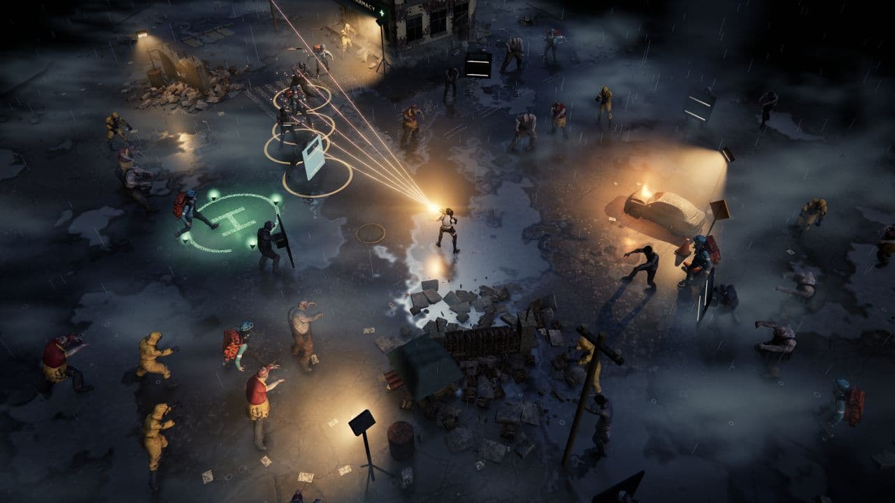 Ein einzelner Überlebender feuert in Zombie Defence Gewehr-Leuchtspuren auf Zombies neben einem Extraktionsplatz.
