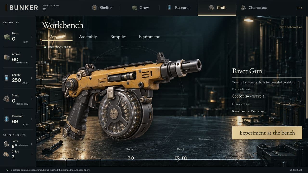 Zombie Defence: Die Alpha-Werkbank zeigt die noch unentdeckte Rivet Gun sowie ihre Bauplan- und Forschungswege.