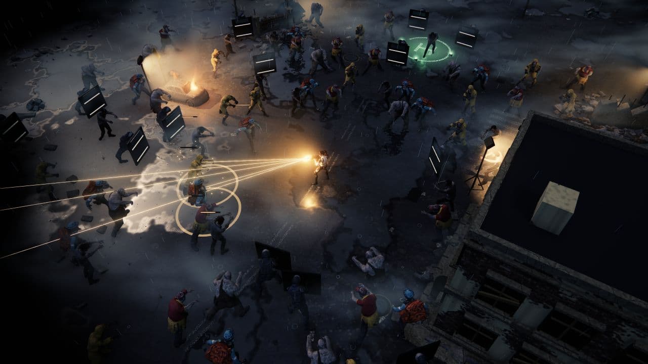 Alpha-Testszene von Zombie Defence: Ein Überlebender feuert über eine zerstörte Straße auf eine Zombiegruppe; dahinter liegt eine grüne Extraktionsplattform.