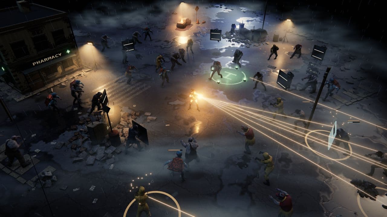 Ein Überlebender in Zombie Defence feuert in einem inszenierten Alpha-Test über eine zerstörte Straße; hinter ihm liegt die grüne Extraktionsmarkierung.