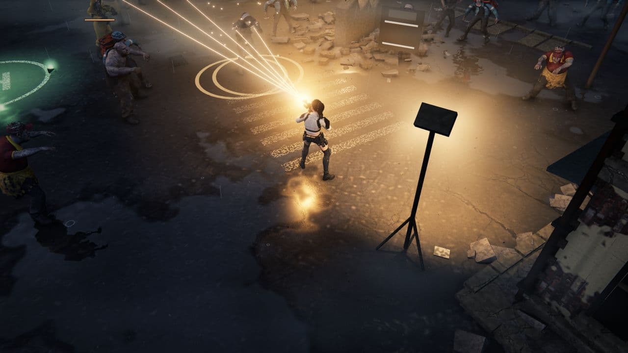 A sobrevivente jogável de Zombie Defence dispara uma rajada de rifle Split Shot enquanto infectados a cercam em uma rua destruída.