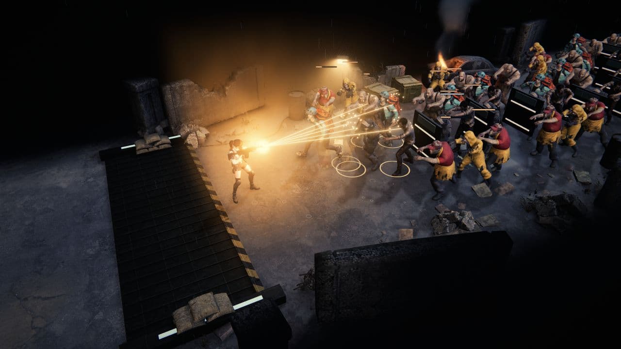 Eine Überlebende feuert in Zombie Defence eine Split-Shot-Salve in eine Horde am Zugang zum Unterschlupf.