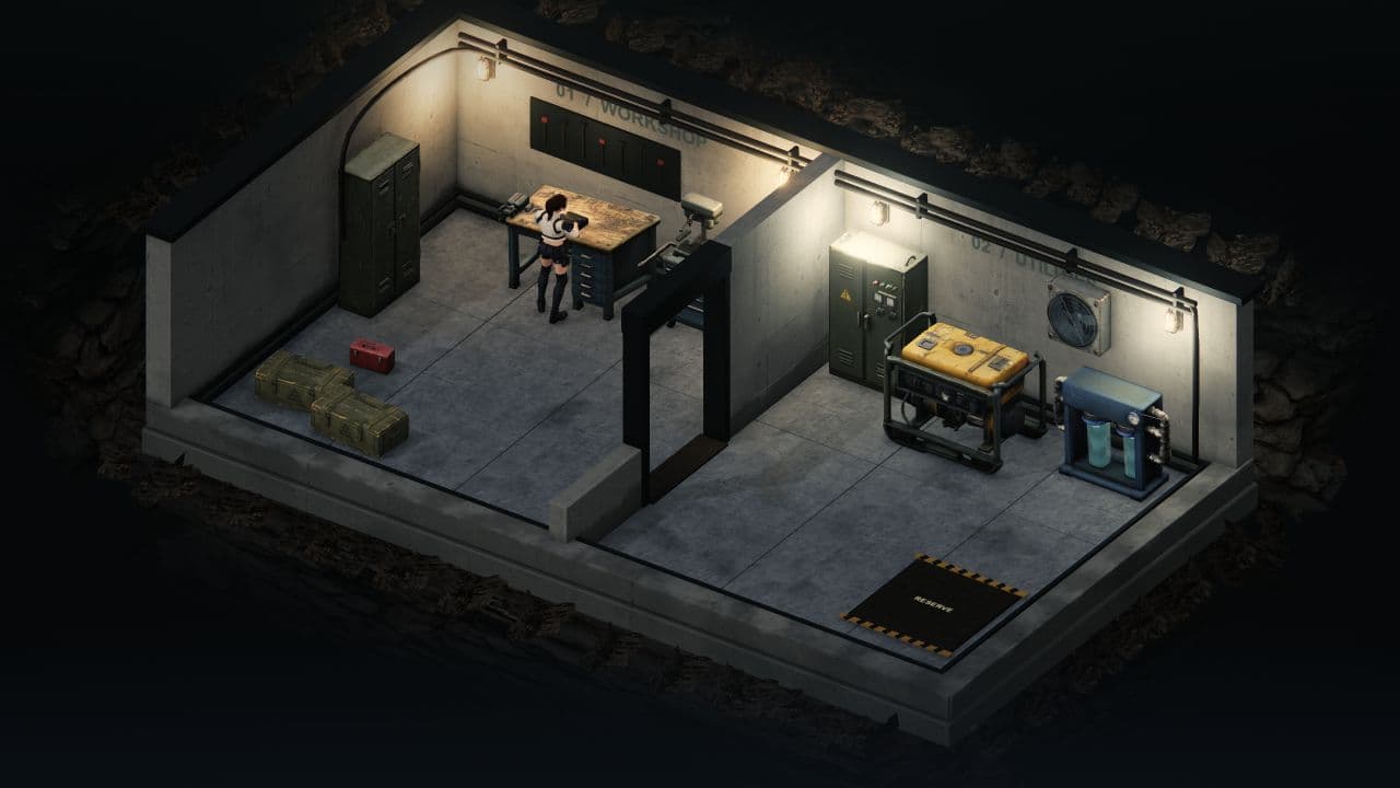 Zombie Defence in der Alpha: ein Bewohner an der Werkbank, Versorgungsmaschinen und ein markierter Reservebereich im Unterschlupf.