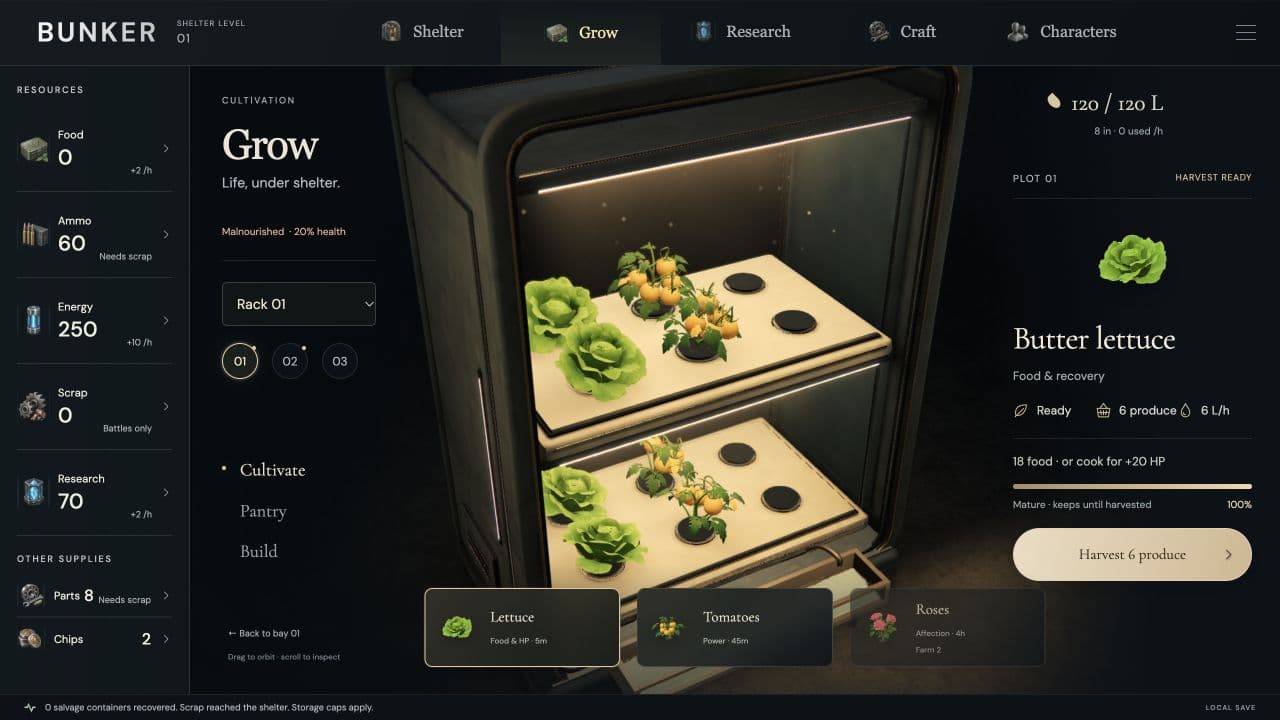Der Grow-Bildschirm der Zombie Defence Alpha mit reifem Salat und Tomaten, einer Wassertankanzeige und dem Erntefenster für Butter lettuce.