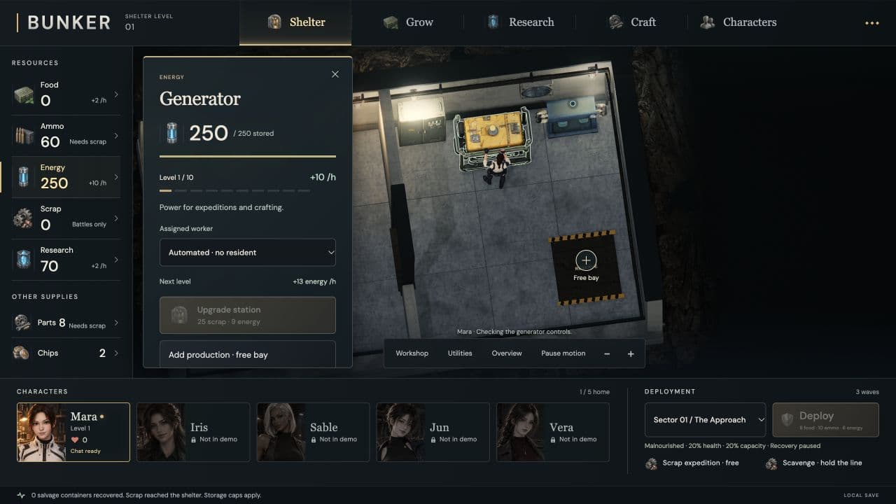Generatorfenster der Zombie Defence Alpha mit vollem Energievorrat, Produktionsrate und Verbesserungskosten neben dem Versorgungsraum des Bunkers.