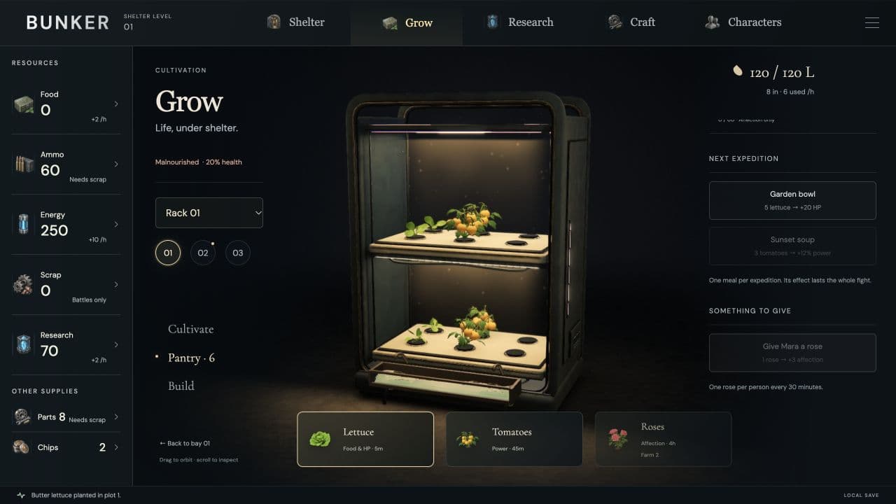 Grow-Bildschirm von Zombie Defence mit hydroponischen Pflanzen, Vorratsauswahl und den Mahlzeiten Garden Bowl und Sunset Soup.