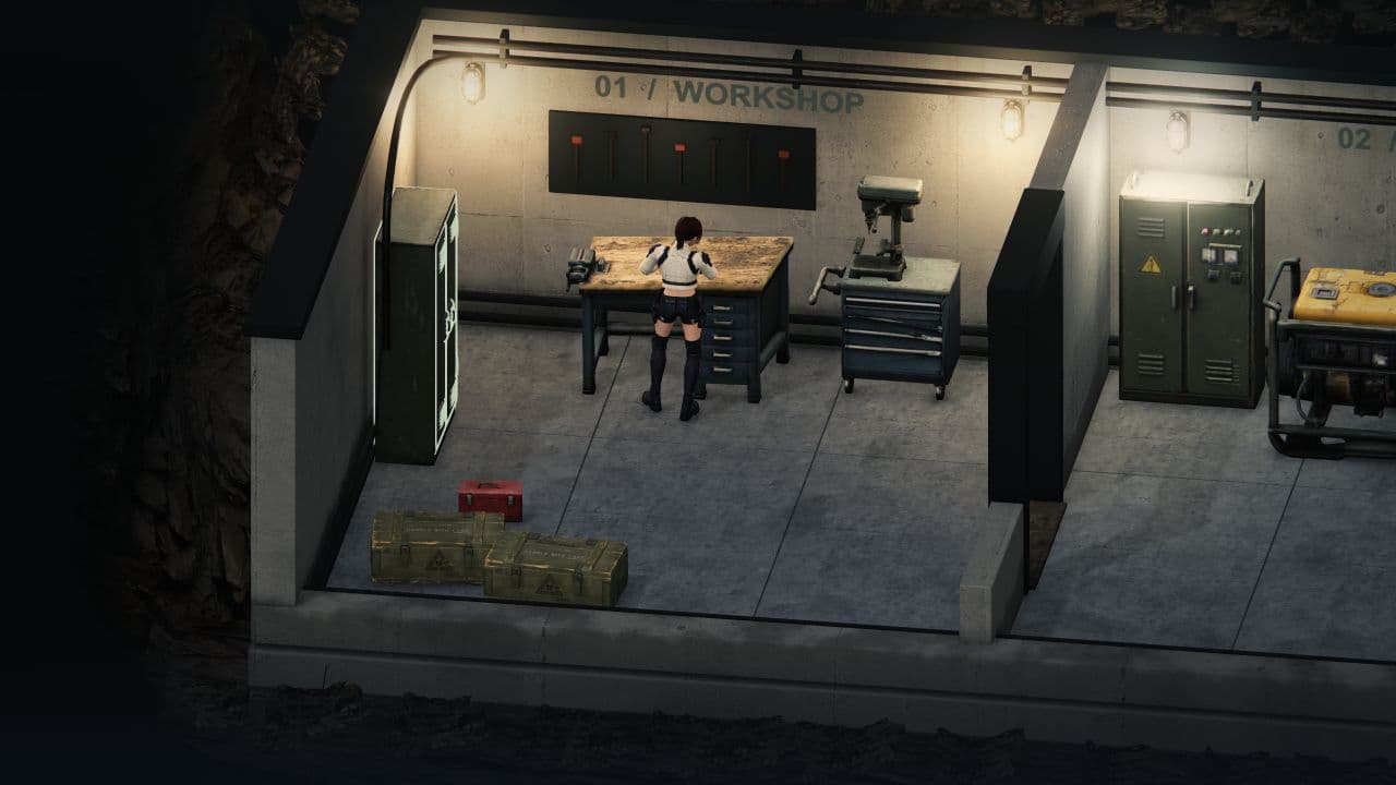 Mara arbeitet an einer Werkbank im Alpha-Schutzraum von Zombie Defence, neben Werkstattausrüstung, Vorratskisten und einem Technikraum.