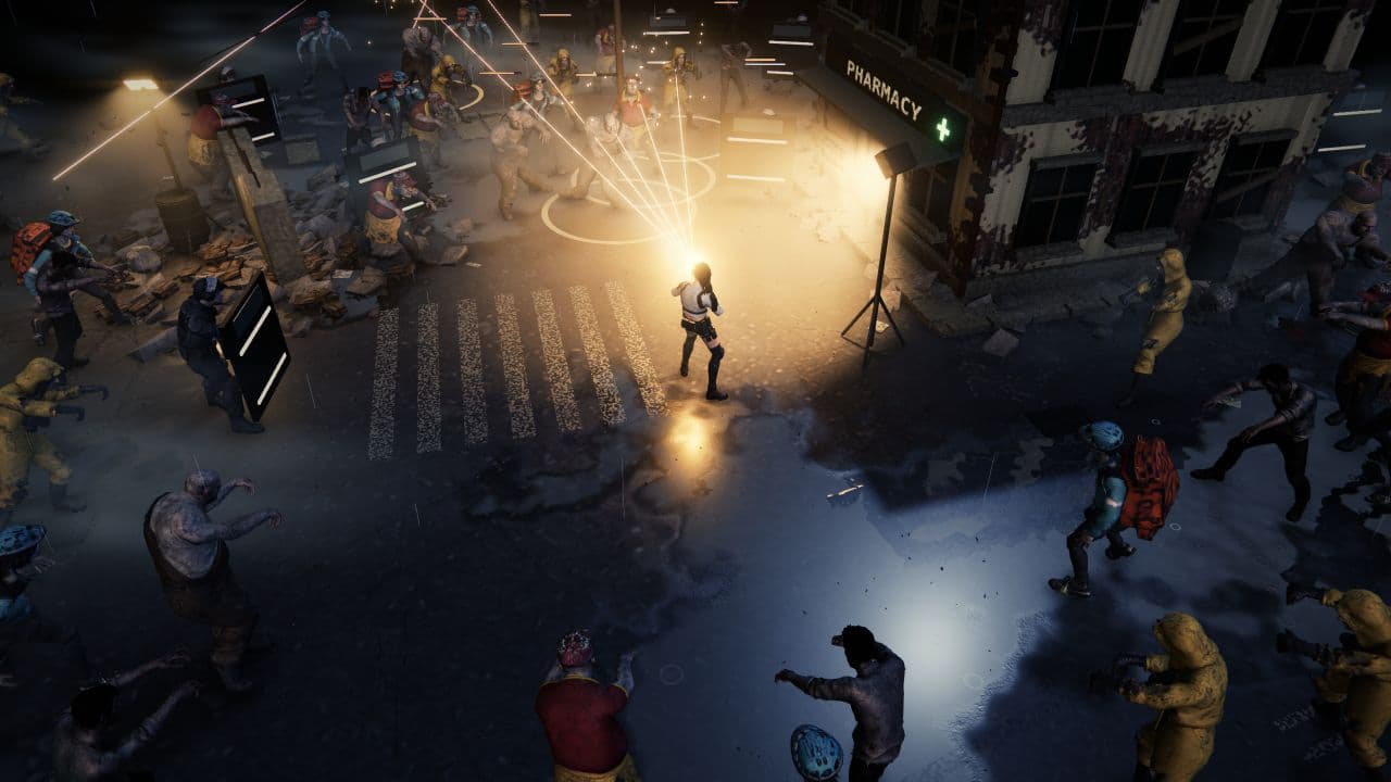 Ein Überlebender feuert in Zombie Defence aufgeteilte Gewehrschüsse in eine volle Straße vor einer Apotheke, aufgenommen bei einem inszenierten Alpha-Expeditionstest.