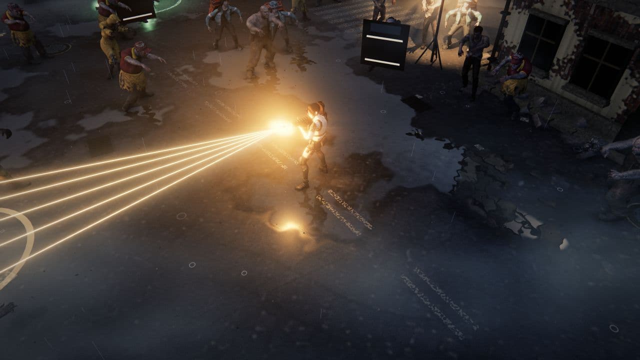Eine Überlebende in Zombie Defence richtet bei einem inszenierten Alpha-Extraktionstest eine geteilte Gewehrsalve über eine regennasse Straße.