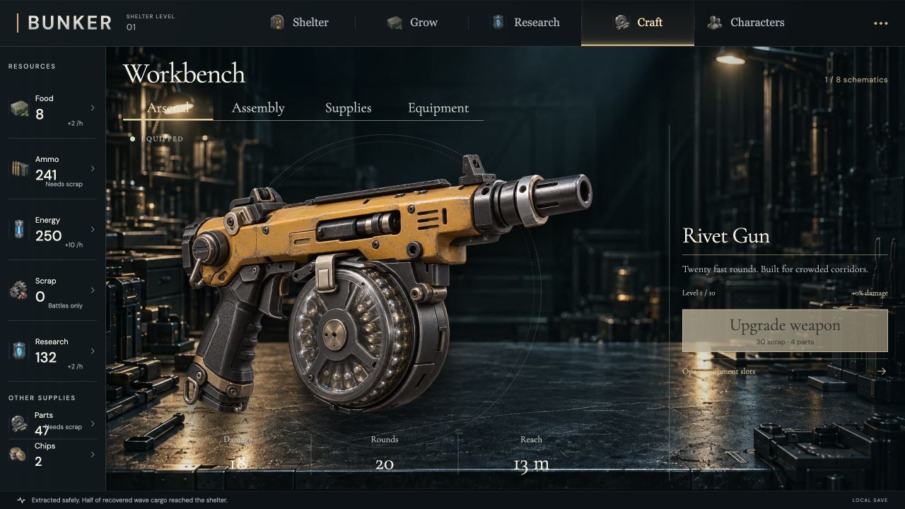 Current in-game weapon workbench showing a rifle and crafting controls