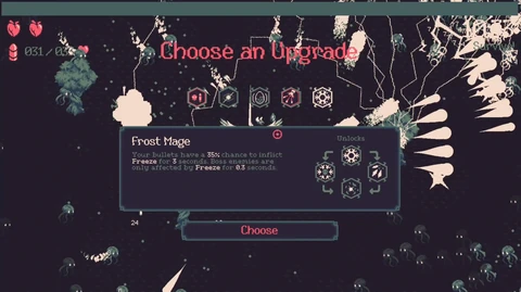 Ein PC-Levelaufstiegsmenü bietet Frost Mage und zeigt verbundene Upgrade-Zweige über dem angehaltenen Kampf.