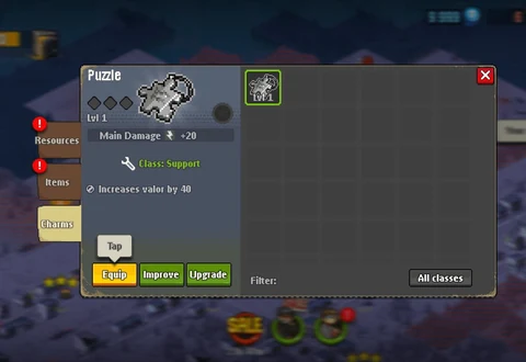 Das Inventarfenster des Puzzle-Glücksbringers zeigt Support-Klasse, Schadensbonus und Schaltflächen zum Ausrüsten, Verbessern und Aufwerten.