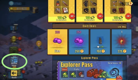 Der Shop zeigt Tagesangebote und Explorer-Pass-Belohnungen; der Hersteller hat die Schaltfläche des Shards Shop eingekreist.
