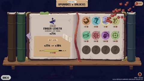 An open upgrades book shows an apple-funded loot-range improvement, upgrade icons and locked slots.