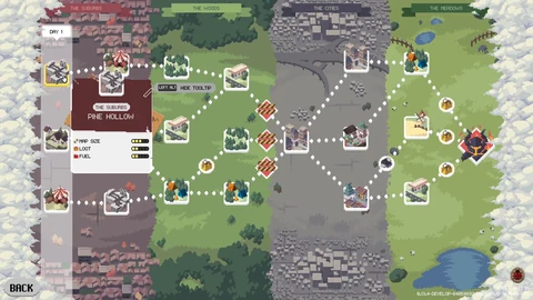 A branching route map crosses suburbs, woods, cities and meadows, with Pine Hollow selected and fuel and loot indicators visible.