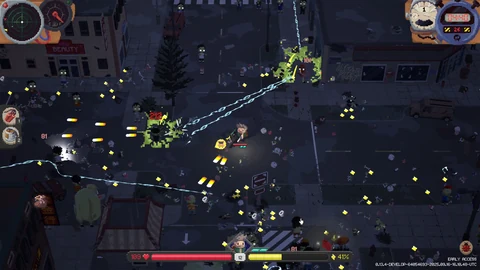 A survivor fights across a dark city intersection with electrical arcs, projectiles and experience pickups around approaching zombies.
