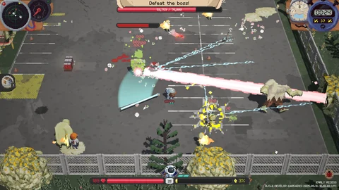 A survivor faces a large enemy in a parking-lot boss encounter with a red health bar, bright beam and blue attack area.