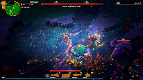 Ein Zwerg kämpft in Azure Weald gegen die Dreadnought-Zwillinge; zwei Boss-Lebensbalken und ein Schwarm darunter sind sichtbar.