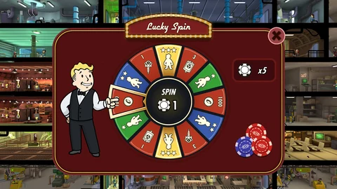 Ein Lucky-Spin-Glücksrad zeigt mögliche Gegenstandsbelohnungen und einen Chippreis über der Vault-Ansicht.