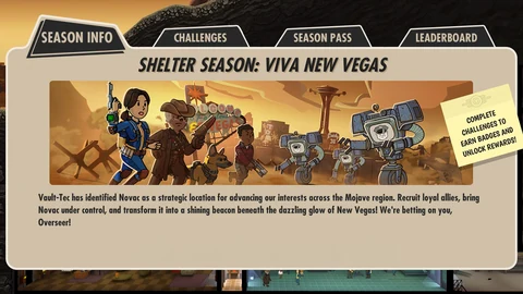 Die Saisoninformation zu Viva New Vegas zeigt Reiter für Herausforderungen, Saisonpass und Rangliste.