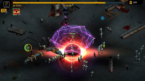 Ein Söldner kämpft gegen herannahende Zombies, während ein gelbes Helikoptersymbol auf dem Radar erscheint.