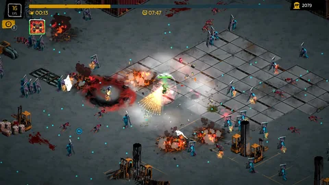 Ein Söldner bekämpft schildtragende Zombies zwischen Bodenplatten und Anlagen einer Fabrik.