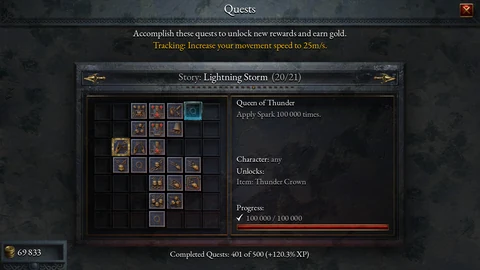 Die Questtafel zeigt Queen of Thunder, ein abgeschlossenes Spark-Ziel und die Thunder Crown als Belohnung.