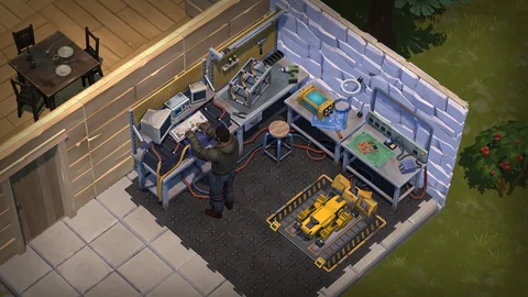 Ein Überlebender arbeitet an der heimischen Dockingstation neben einem gelben Robodog und Geräten für den Modulbau.