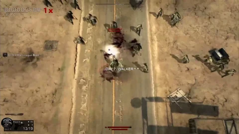 Una vista cenital de una carretera muestra a un superviviente con pistola, zombis acercándose y el objetivo de matar al Machinegun Boss.