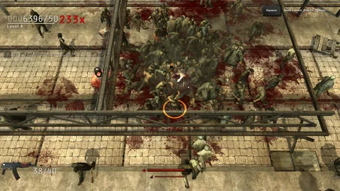 Un superviviente con fusil de asalto está rodeado por una multitud de zombis en un patio industrial pavimentado.