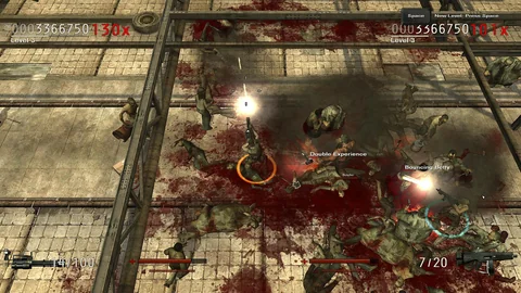 Dos supervivientes combaten contra un Butcher y otros zombis junto a objetos Double Experience y Bouncing Betty en un patio industrial.