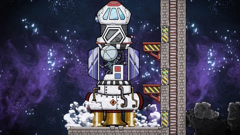 Eine hohe modulare Rakete zündet ihr Triebwerk neben Leiter und Arbeitsbühnen an der Asteroidenoberfläche.