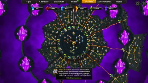 A branching character skill tree displays the Paladin’s Divine Inspiration tooltip among purple crystals.