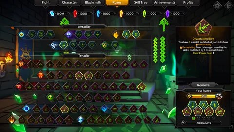 The rune menu shows Versatility and Tenacity choices, a runic-power budget and a selected Barbarian loadout.