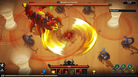 A hunter battles Mhyzahet, Terror of the Sands, beside scorpions, tornadoes and red circular warnings.