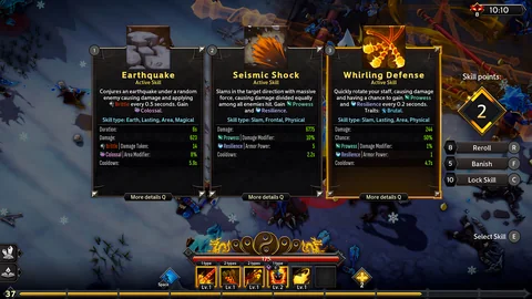 The skill selection screen compares Earthquake, Seismic Shock and Whirling Defense, with reroll and banish controls.