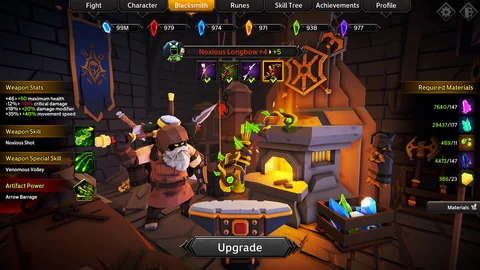 The Blacksmith menu shows a Noxious Longbow upgrade, its skills, artifact power and required materials.