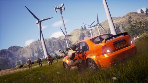 Zombies cling to an orange car while more approach across a grassy hillside beneath wind turbines.