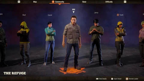 The Community screen shows Will selected among named survivors in a group called The Refuge.